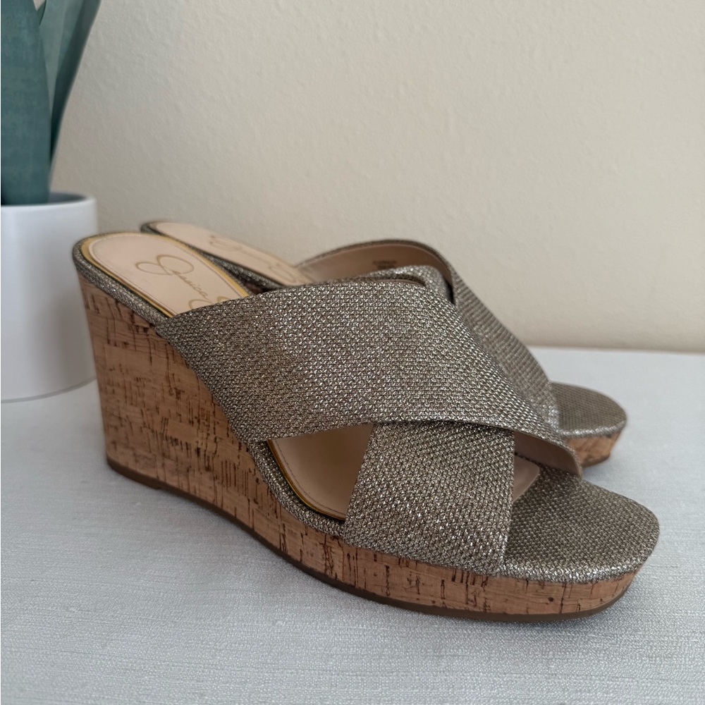 Jessica Simpson Gold Shimmer Cork Wedge Sandals